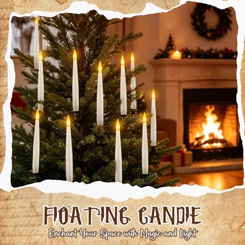 White Floating Candles with Magic Wand Remote - 12 Pack LED Taper Flickering Lights for Halloween Christmas Home Party