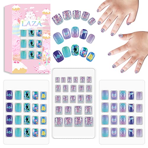 Children Press On Nails Set - Full Cover, 64pcs, Blue Purple Mermaid Variation
