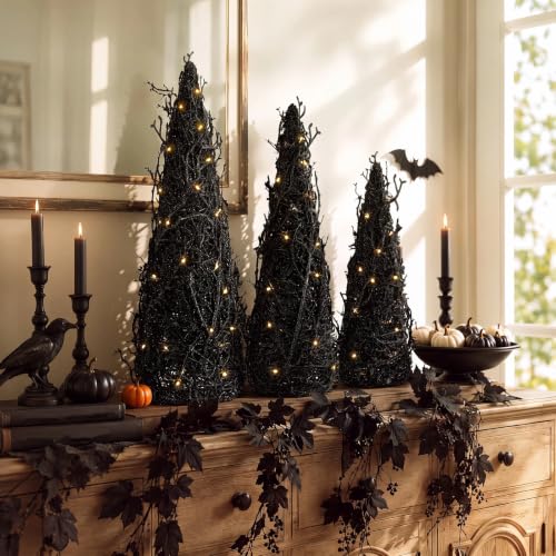 Halloween Tinsel Cone Trees with LED Lights Set of 3 - Black Autumn Decor