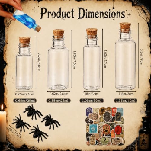 Halloween Potion Bottles Set - 24 Clear Plastic Bottles with Corks & Decorations