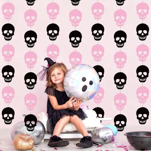 Halloween Skull Decor Garland Set - Pink & Black, 8 Pieces, 43 Inch