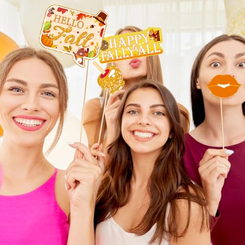 Fall Thanksgiving Photo Booth Props Set - Autumn Party Decorations with Pumpkins Leaves Corns