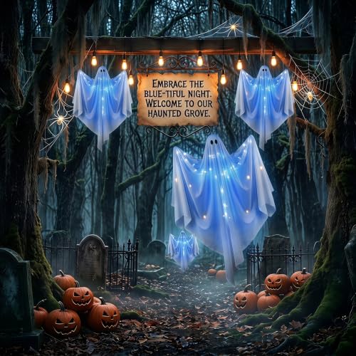 Outdoor Halloween Hanging Ghost Decor with LED Lights, 47 Inch