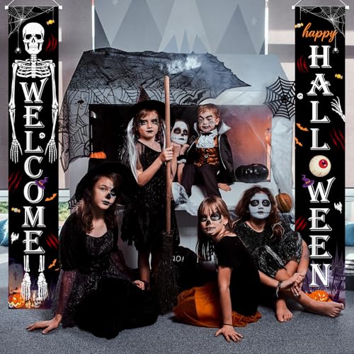 Halloween Skeleton Pumpkin Porch Banner Sign - Spooky Front Door Decor