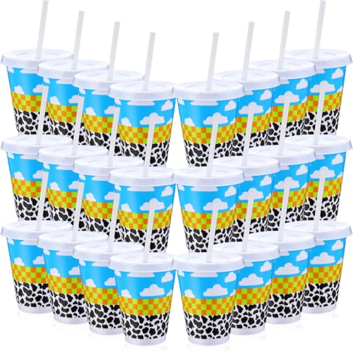 Cartoon Story 24 Pcs Party Cups with Lids & Straws - 16 oz Reusable Plastic for Birthday & Celebration - Blue & White Clouds