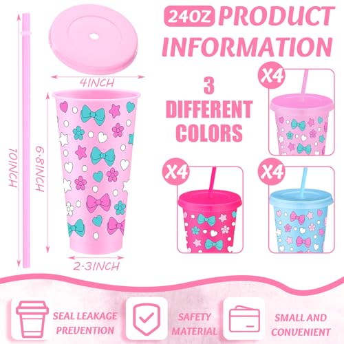 12-Pack Reusable Kitty Cat Plastic Tumbler Cups with Lids & Straws - 24 oz