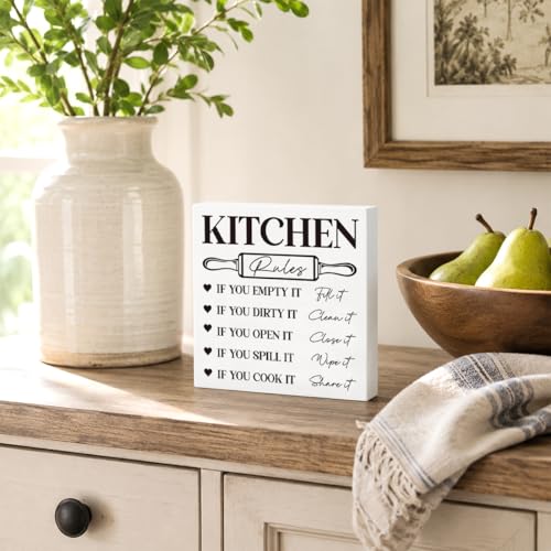 Kitchen Rules Sign - Rustic Wooden Plaque for Kitchen Decor - 5x5 Inches - Housewarming Gift - Kitchen Sign 5