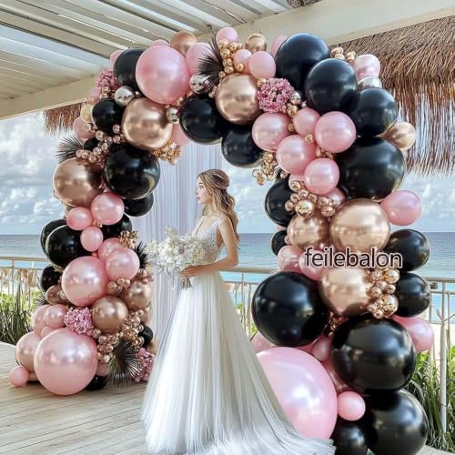 Pink Black Balloon Arch Kit - Double Stuffed Pastel Pearl & Gold Balloons for Birthday, Wedding, Baby Shower, Halloween - Variation: Pink Black