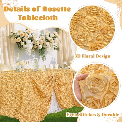 90x156 Inch Light Gold Satin Rosette Tablecloth - 3D Floral Wedding Cover