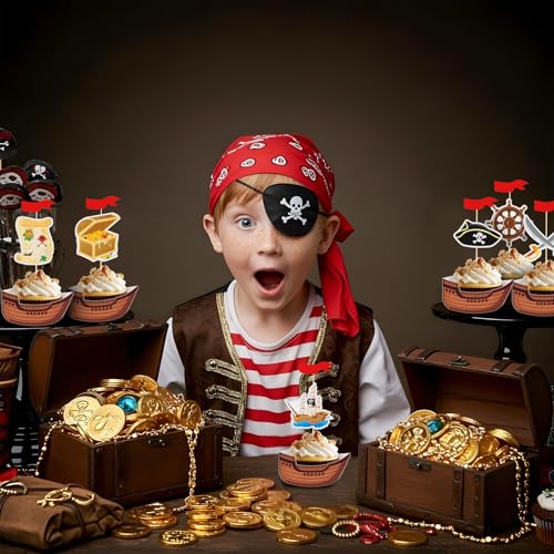 Pirate Cupcake Toppers Set - 108 pcs Nautical Cake Decorations for Kids Birthday & Halloween