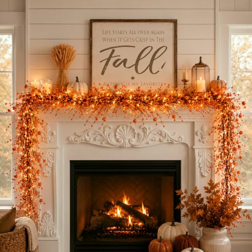 Orange Fall Garland with Lights - 5 ft Autumn Pumpkin & Berry Decor