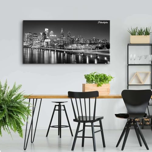 Philadelphia Skyline Wall Art Canvas - Black & White Cityscape, 40L x 20W, Modern Philly Night View