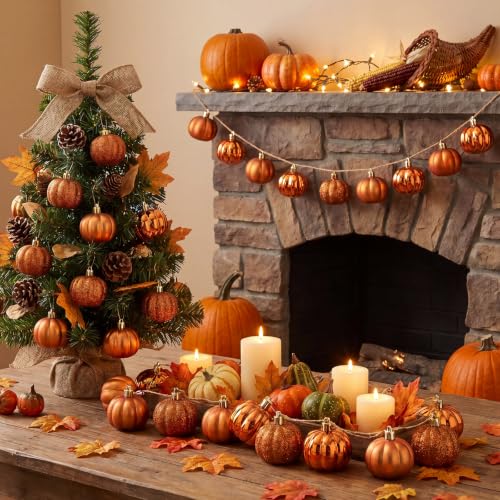 Fall Pumpkin Tree Ornaments Set - Mini Orange Decorations for Autumn & Halloween