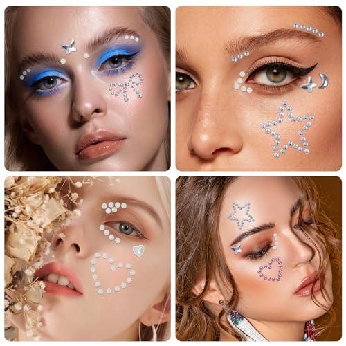 Self-Adhesive 3D Face Gems Stickers - Sparkly Heart, Star & Moon Shapes
