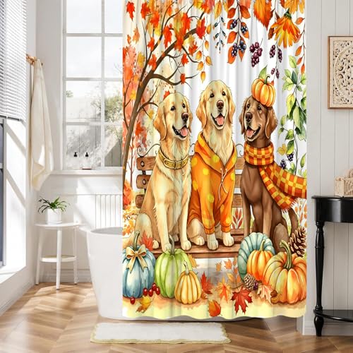 Orange Fall Dog Shower Curtain with Pumpkin & Maple Leaves - 70x70 Inches, Rustic Bathroom Decor with Hooks