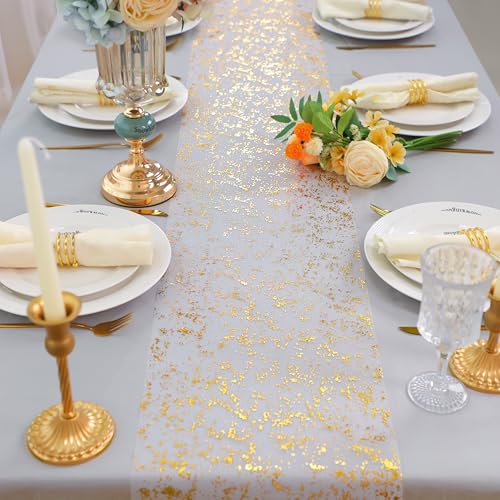 Gold Table Runner Roll 9FTx2 Sheer Gauze Chiffon Tulle Fabric Sequin Glitter