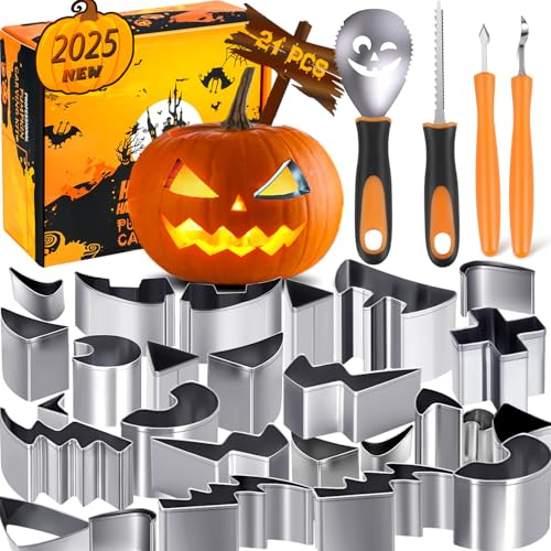 Halloween Pumpkin Carving Kit - Silver and Orange 21 pcs Safe & Easy Tools with Stencils for Jack-O-Lanterns