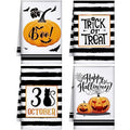 Halloween Kitchen Towels Set - 4 Pieces with Pumpkin Cat Bat Prints, Black and White