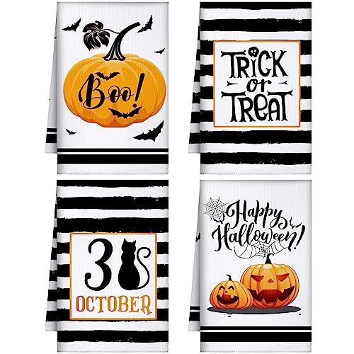 Halloween Kitchen Towels Set - 4 Pieces with Pumpkin Cat Bat Prints, Black and White