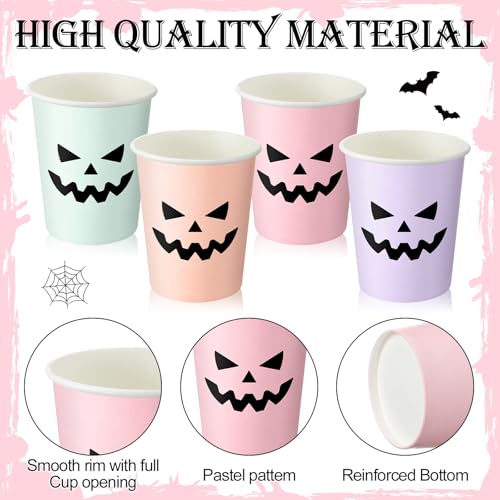 Pastel Halloween Paper Cups - Pumpkin Face Design, 100 Pack, 9oz, Girly Theme