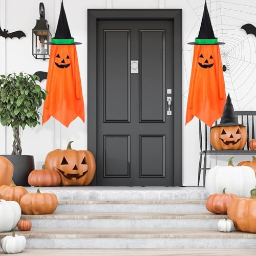 Halloween Hanging Pumpkin Witch Hat Decorations Set - Outdoor Reusable Fall Yard Ornaments