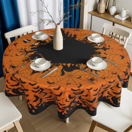 Halloween Bat Round Tablecloth 60 Inch Orange Black Spooky Spatter Design - Washable & Reusable
