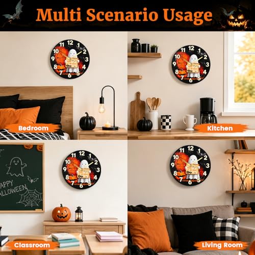 Halloween Ghost Wall Clock - 12 Inch Spooky Silent Decor with Trick or Treat Design - Ghost Variation
