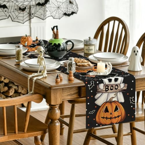 Halloween Table Runner 13x72 Inch Polka Dot Ghost Pumpkin Cat Decor - Black
