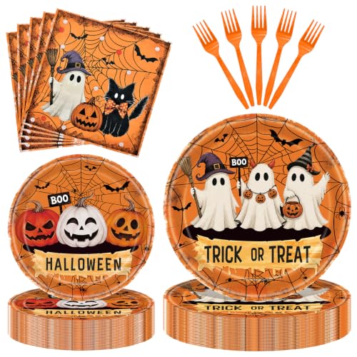 Halloween Ghost Tableware Set - Orange & White Trick or Treat Plates & Napkins