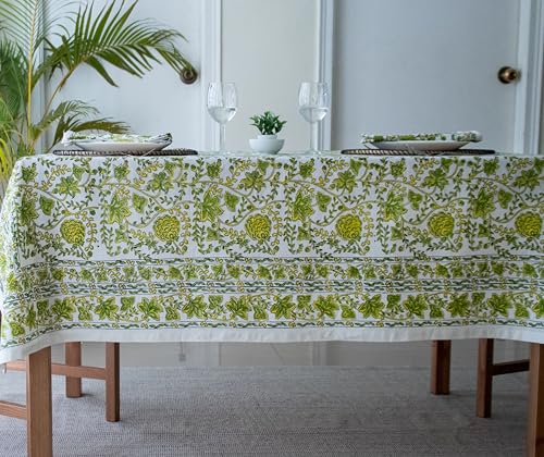Block Print Table Cloth - Yellow Limegreen 60x108 Inch Cotton Handmade Washable