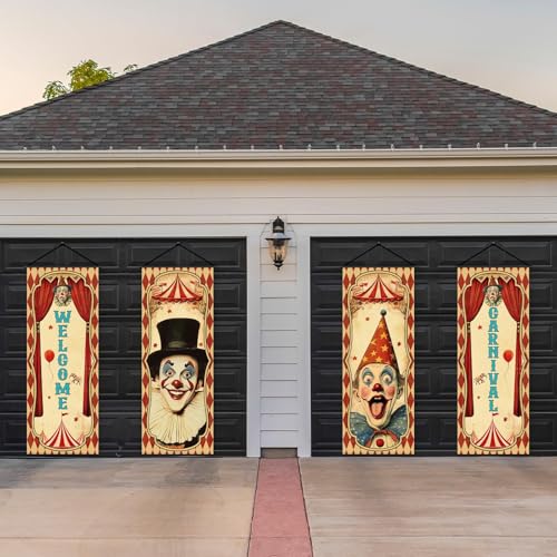 Vintage Halloween Carnival Banners Set with Clown & Circus Themes - 4 Pieces