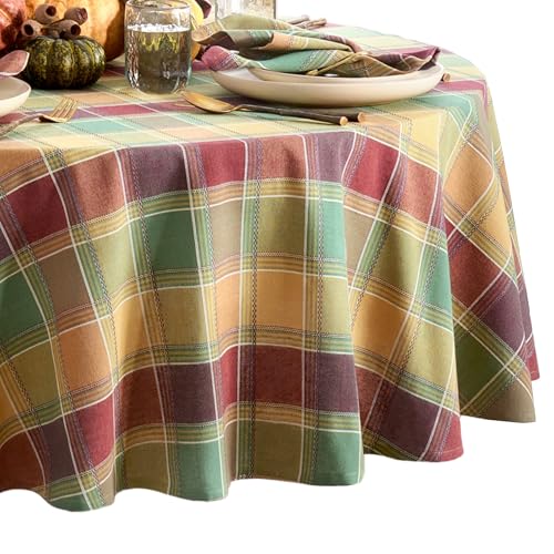 Autumn Acres Plaid Round Tablecloth 70x70 Inches - Fall Harvest Decor