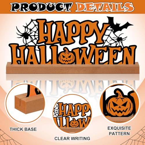Halloween Metal Table Sign with Wooden Base - 13.78 Inch Halloween Decor - Happy Halloween Sign - Black Letters & Elegant Design - Holiday Centerpiece