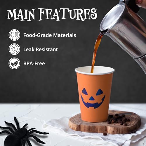 Confettiville Halloween Disposable Paper Cups 50 Pack - Jack-O-Lantern Black & Orange, 12 oz