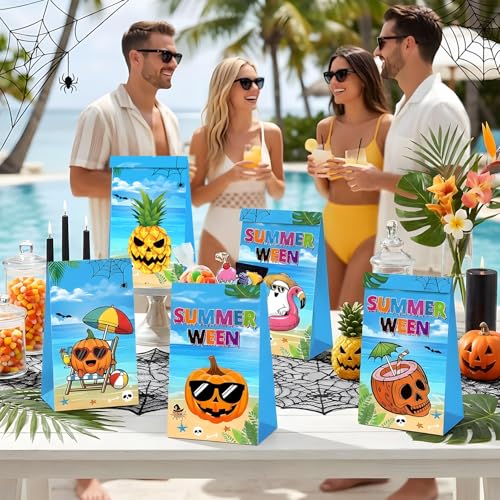 Summerween Party Gift Bags - 12 Pack Halloween & Summer Theme Paper Bags