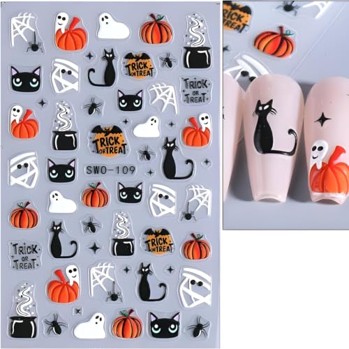 Halloween Nail Stickers Ghost & Spider Web Design - Colorful 1, 4 Sheets