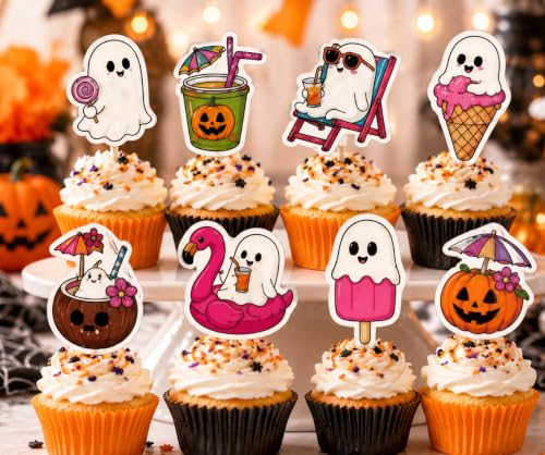 24PCS Halloween Cupcake Toppers Ghost Pumpkin Tropical Party Decorations