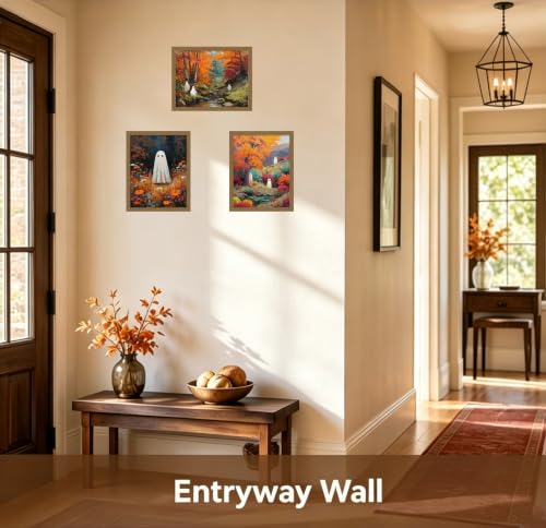 Ghost Flowers Fall Wall Art Canvas - Framed Autumn Forest Halloween Decor 8x10 Inch