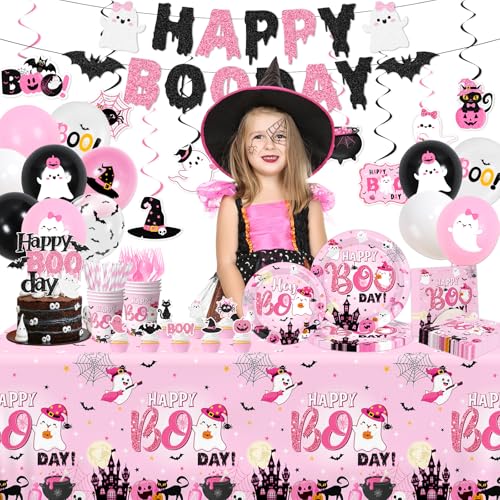 Pink Halloween Birthday Decorations Set - Ghost Party Supplies for 24 Guests