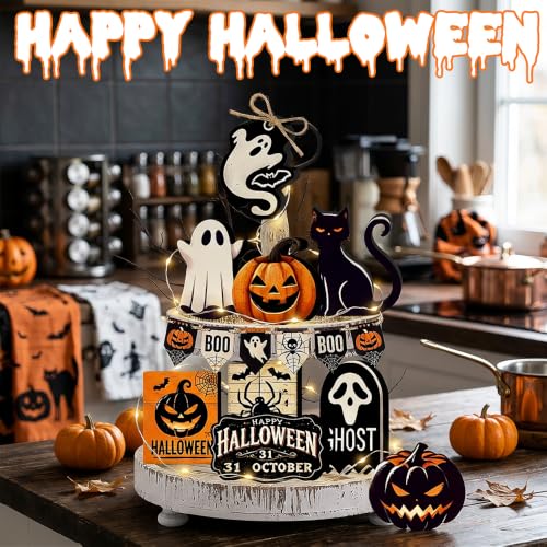 Halloween Tiered Tray Decorations Set - 17 Pc Self-Standing Wooden Signs & Light String