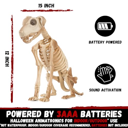 Halloween Animatronics 15-Inch Skeleton Dog with Light-Up Eyes & Sound Activation - Creepy Haunted Prop for Indoor Outdoor Decor