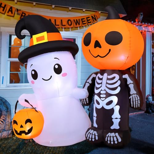5.4Ft Halloween Inflatable Ghost and Pumpkin Yard Decor with LEDs, Outdoor Garden Decoration
