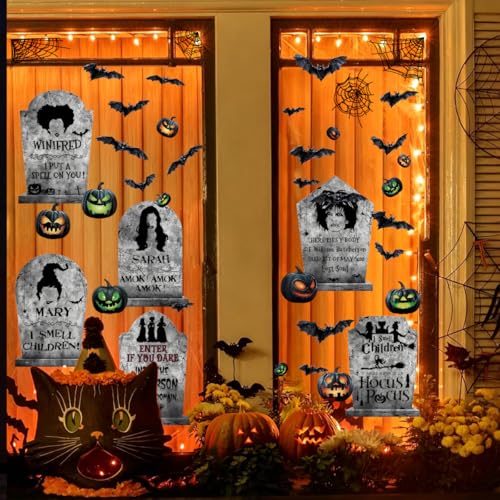 Halloween Window Clings Set - Static Decor for Indoor Outdoor Windows, Tombstones & Witch Stickers