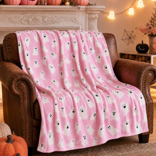 Cute Ghost Halloween Throw Blanket - Pink 50x60 Inches for Women Men