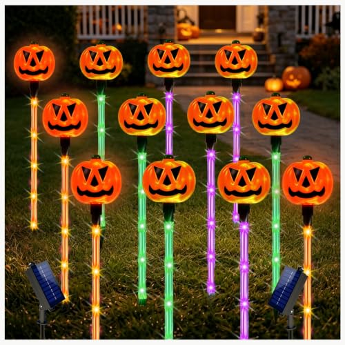 Solar Halloween Pumpkin Stake Lights 12-Pack Outdoor Waterproof String Lights with 8 Modes