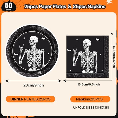 Halloween Paper Plates and Napkins Set - Skeleton Design, 50 Pcs - Halloween