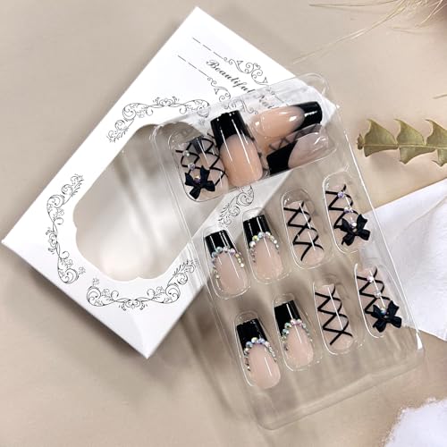 24Pcs Black French Press False Nails with Bow Tie Rhinestones - Reusable Acrylic Manicure Kit