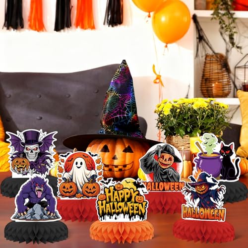 Halloween Honeycomb Table Centerpieces Set - 8 Pack Pumpkin Ghost Cat Decor