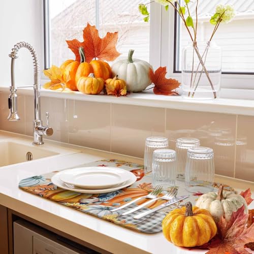 Fall Dish Drying Mat Pumpkin Orange 18x24 Inch | Absorbent Microfiber Kitchen Counter Mat