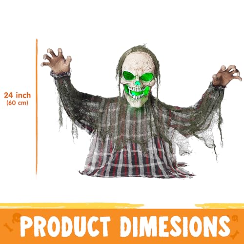 Halloween Animatronic Skeleton Groundbreaker Decor with Moving Arms & Green Light - Outdoor Yard Prop